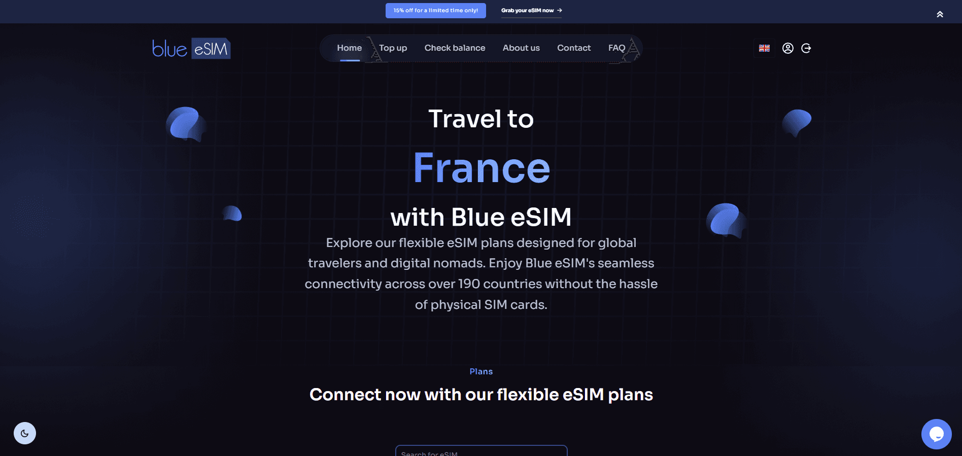 Blue eSIM landing page with the headline Travel to France with Blue eSIM